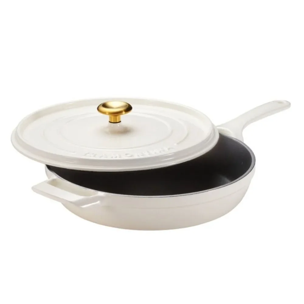 Tramontina 12 Inch Enameled Cast Iron Skillet & Covered Lid • White / Gold • New